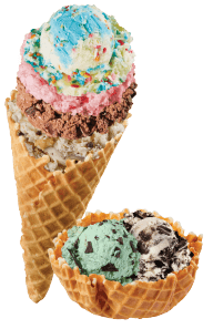 Waffle cone and bowl with ice cream